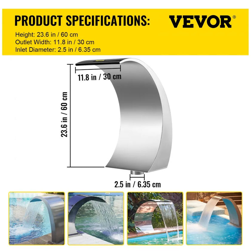 VEVOR Stainless Steel Pool Fountain 17.7 x 11.8 x 23.6 inches Pool Fountain Silver Pool Fountains for In Ground Pools Garden Outdoor Waterfalls Sheer Descent Pond Water Feature