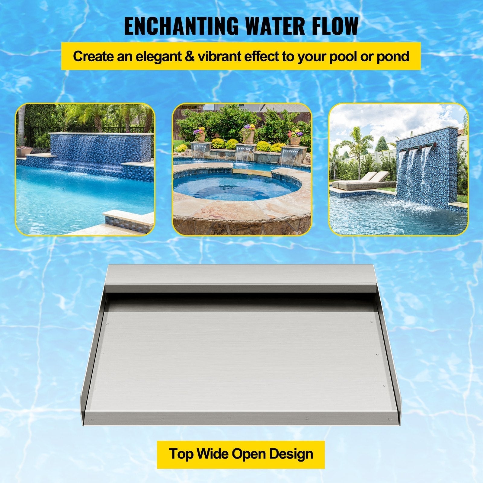 VEVOR Waterfall Blade, 30cm Stainless Steel Waterfall Spillway, Rectangular Waterfall Pool Fountain, Cascade Blade with Connector, Hose, Clamp & PTFE Tape, Water Blade for Koi Fish Pond, Water Feature
