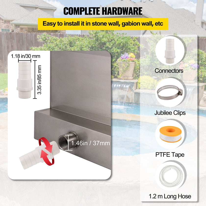 VEVOR Waterfall Blade, 30cm Stainless Steel Waterfall Spillway, Rectangular Waterfall Pool Fountain, Cascade Blade with Connector, Hose, Clamp & PTFE Tape, Water Blade for Koi Fish Pond, Water Feature