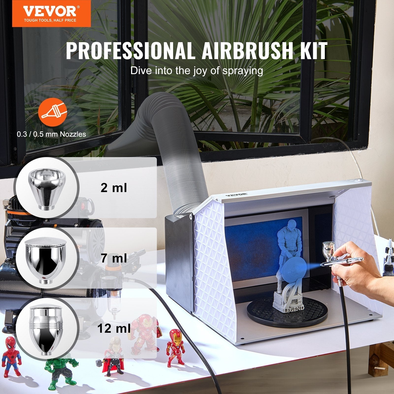 VEVOR Airbrush Gun, 0.3 mm and 0.5 mm Dual Action Gravity Feed Airbrush, Airbrush Kit with 2/7/12ml Copper Cups and Cleaning Accessories, Air Brush Gun for Painting Models, Cakes, Desserts, Nail Art