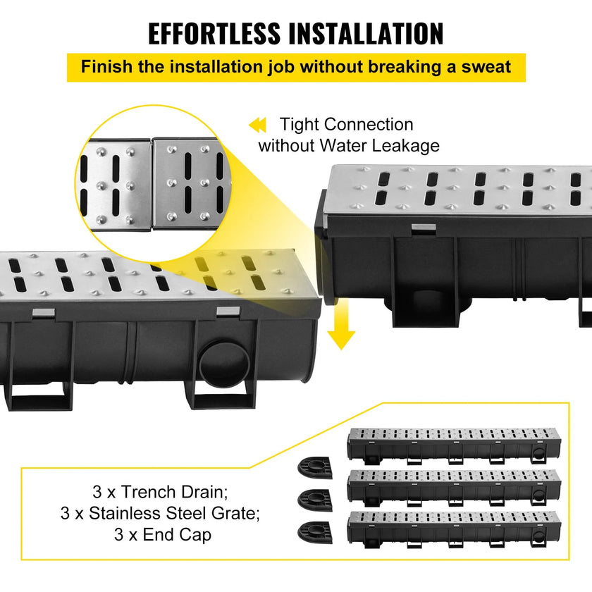 VEVOR Trench Drain System, Channel Drain with Metal Grate, 5.9x5.1-Inch HDPE Drainage Trench, Black Plastic Garage Floor Drain, 3x39 Trench Drain Grate, with 3 End Caps, for Garden, Driveway-3 Pack