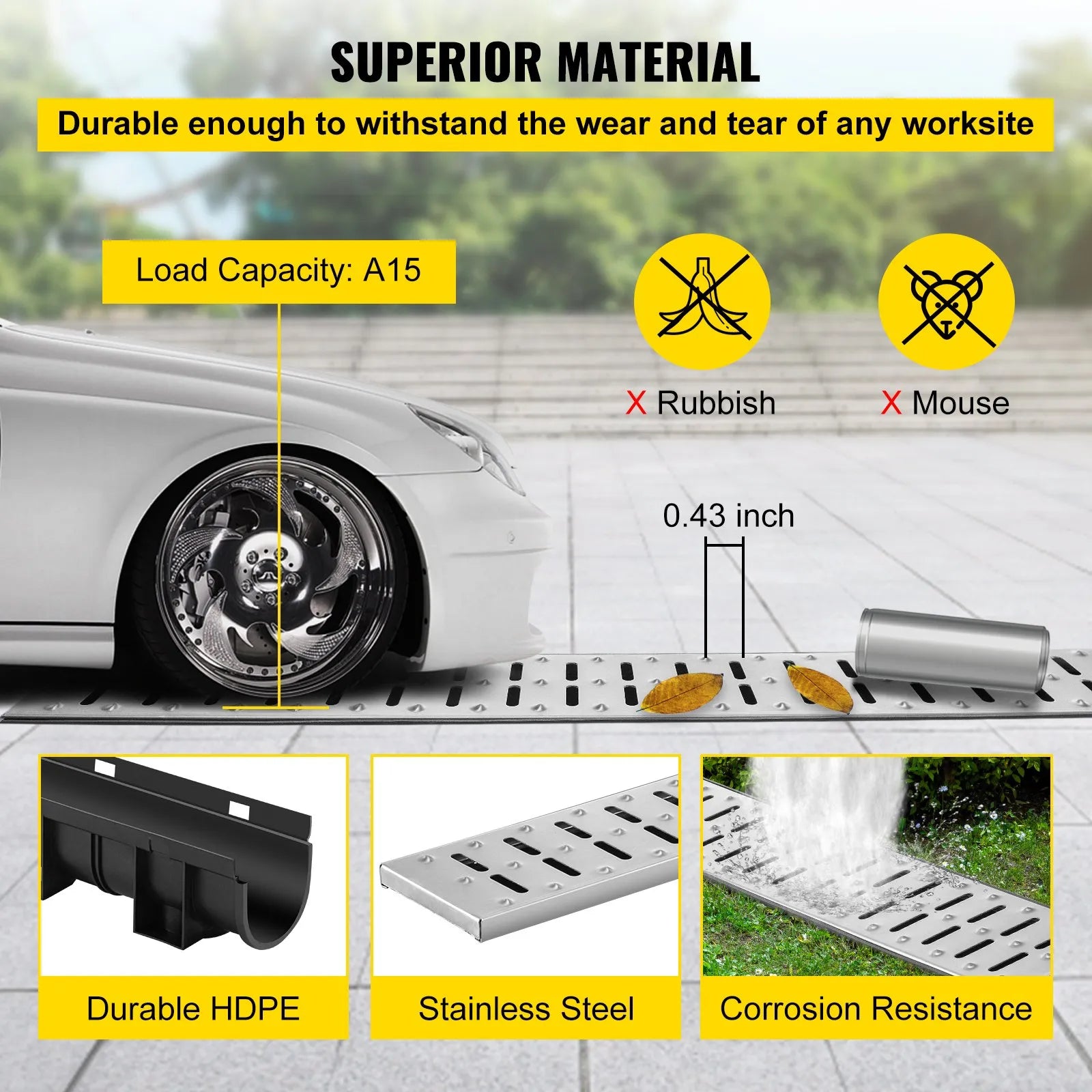 VEVOR Trench Drain System, Channel Drain with Metal Grate, 5.9x5.1-Inch HDPE Drainage Trench, Black Plastic Garage Floor Drain, 3x39 Trench Drain Grate, with 3 End Caps, for Garden, Driveway-3 Pack
