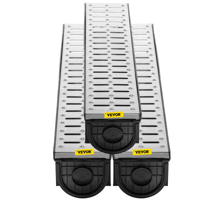 VEVOR Trench Drain System, Channel Drain with Metal Grate, 5.9x5.1-Inch HDPE Drainage Trench, Black Plastic Garage Floor Drain, 3x39 Trench Drain Grate, with 3 End Caps, for Garden, Driveway-3 Pack