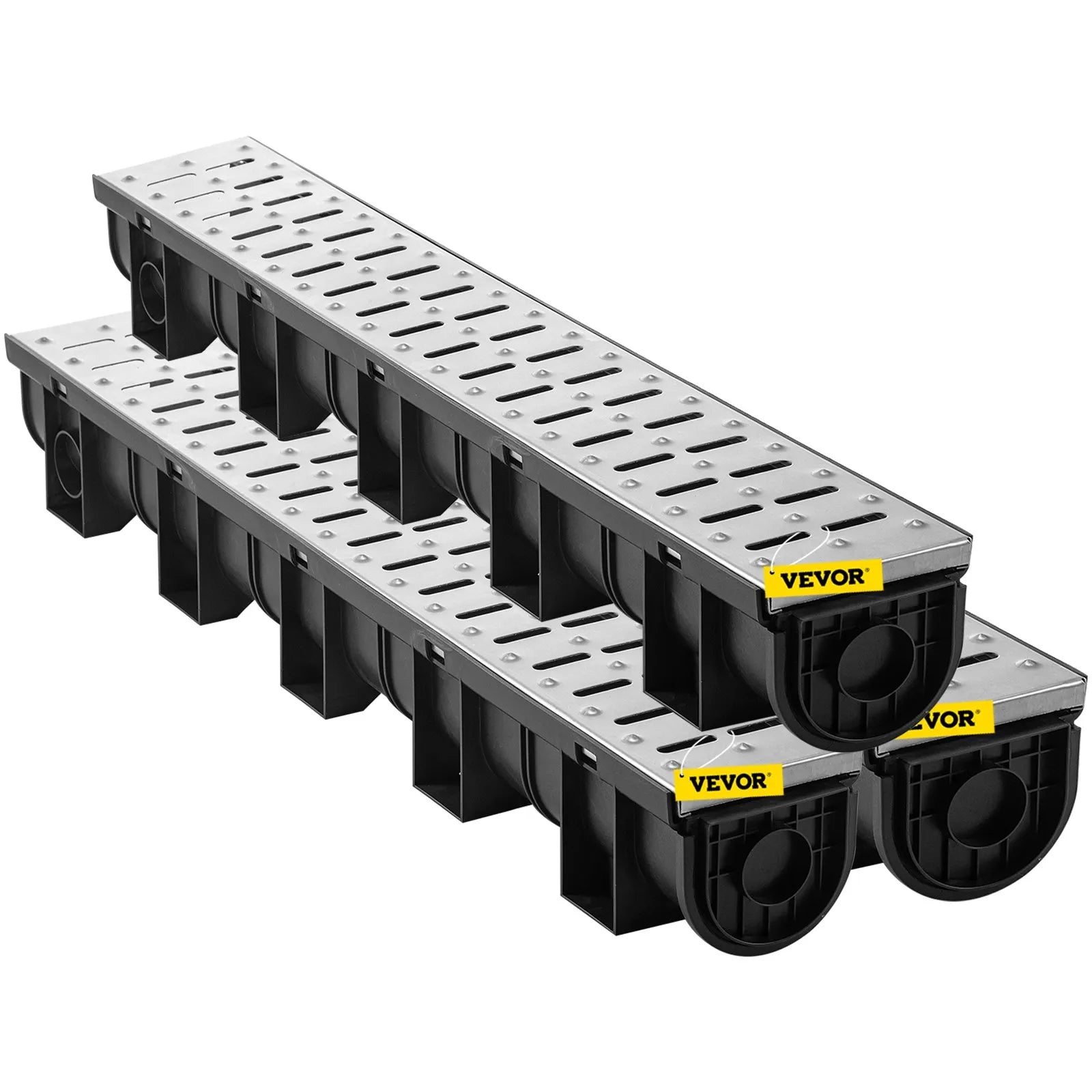 VEVOR Trench Drain System, Channel Drain with Metal Grate, 5.9x5.1-Inch HDPE Drainage Trench, Black Plastic Garage Floor Drain, 3x39 Trench Drain Grate, with 3 End Caps, for Garden, Driveway-3 Pack