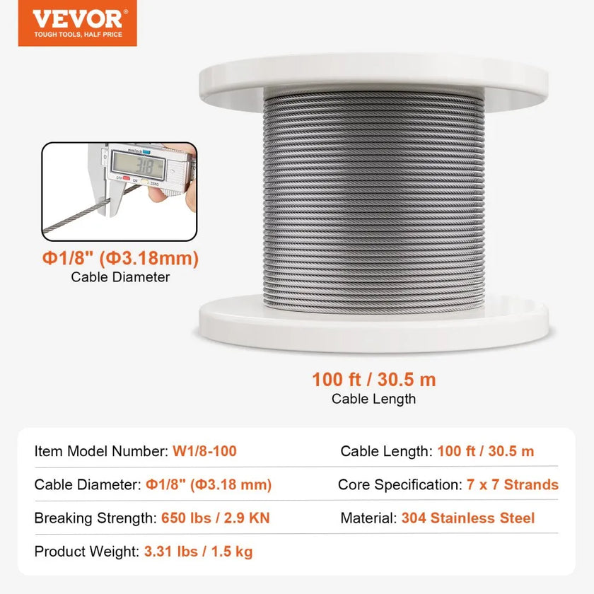 VEVOR T304 Stainless Steel Cable 1/8