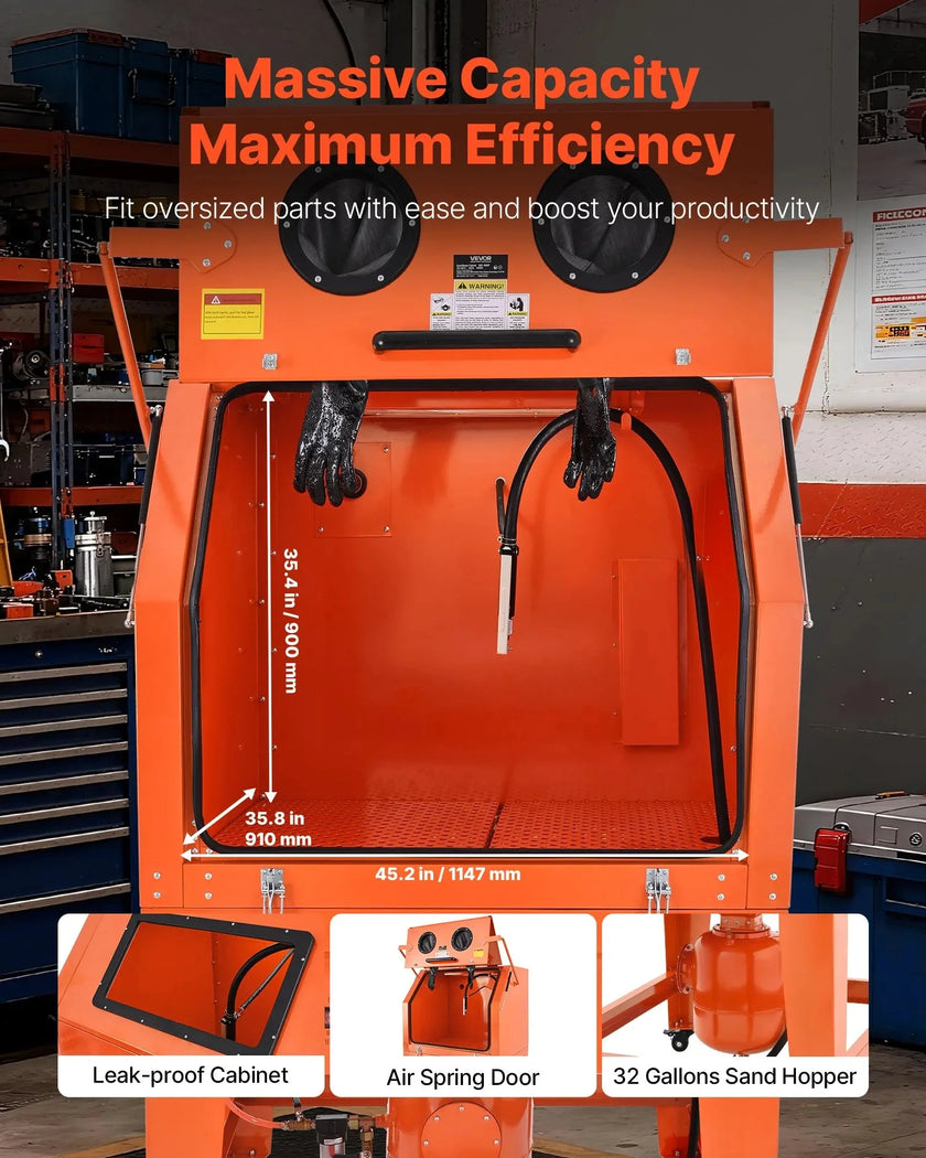 VEVOR 245 Gallon Sandblasting Cabinet with Pressurized Tank, Heavy Duty Steel Sand Blasting Cabinet on Wheels - with 32 Gallon Media Hopper & 1.6HP Dust Collector for Oversized Parts Surface Finishing