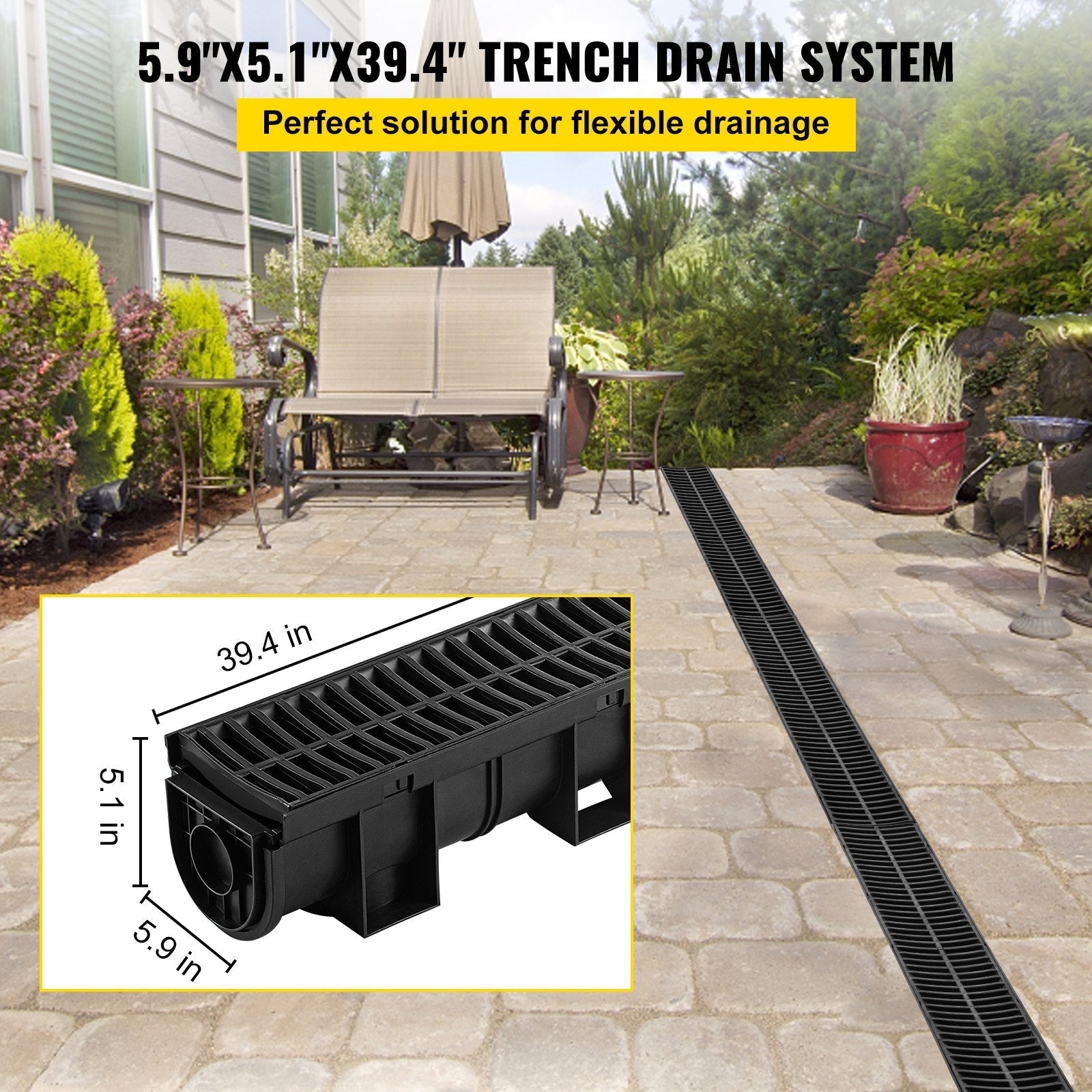 VEVOR Trench Drain System, Channel Drain with Plastic Grate, 5.8x5.2-Inch HDPE Drainage Trench, Black Plastic Garage Floor Drain, 6x39