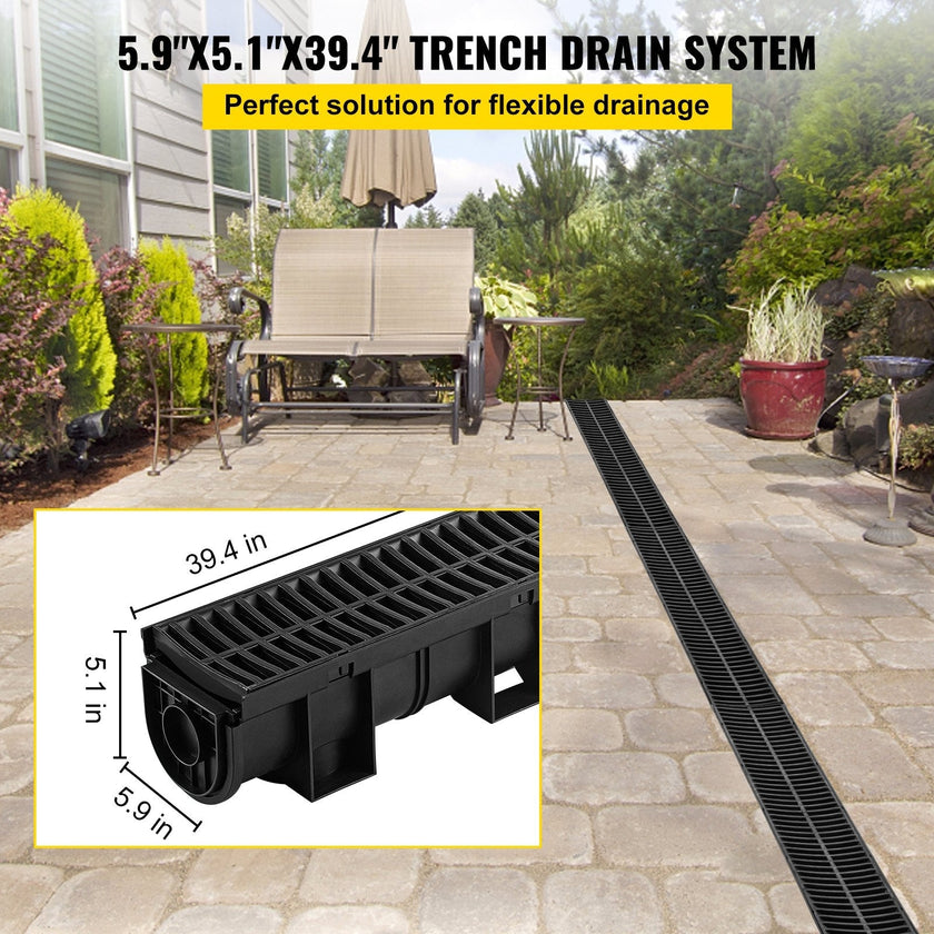 VEVOR Trench Drain System, Channel Drain with Plastic Grate, 5.8x5.2-Inch HDPE Drainage Trench, Black Plastic Garage Floor Drain, 6x39