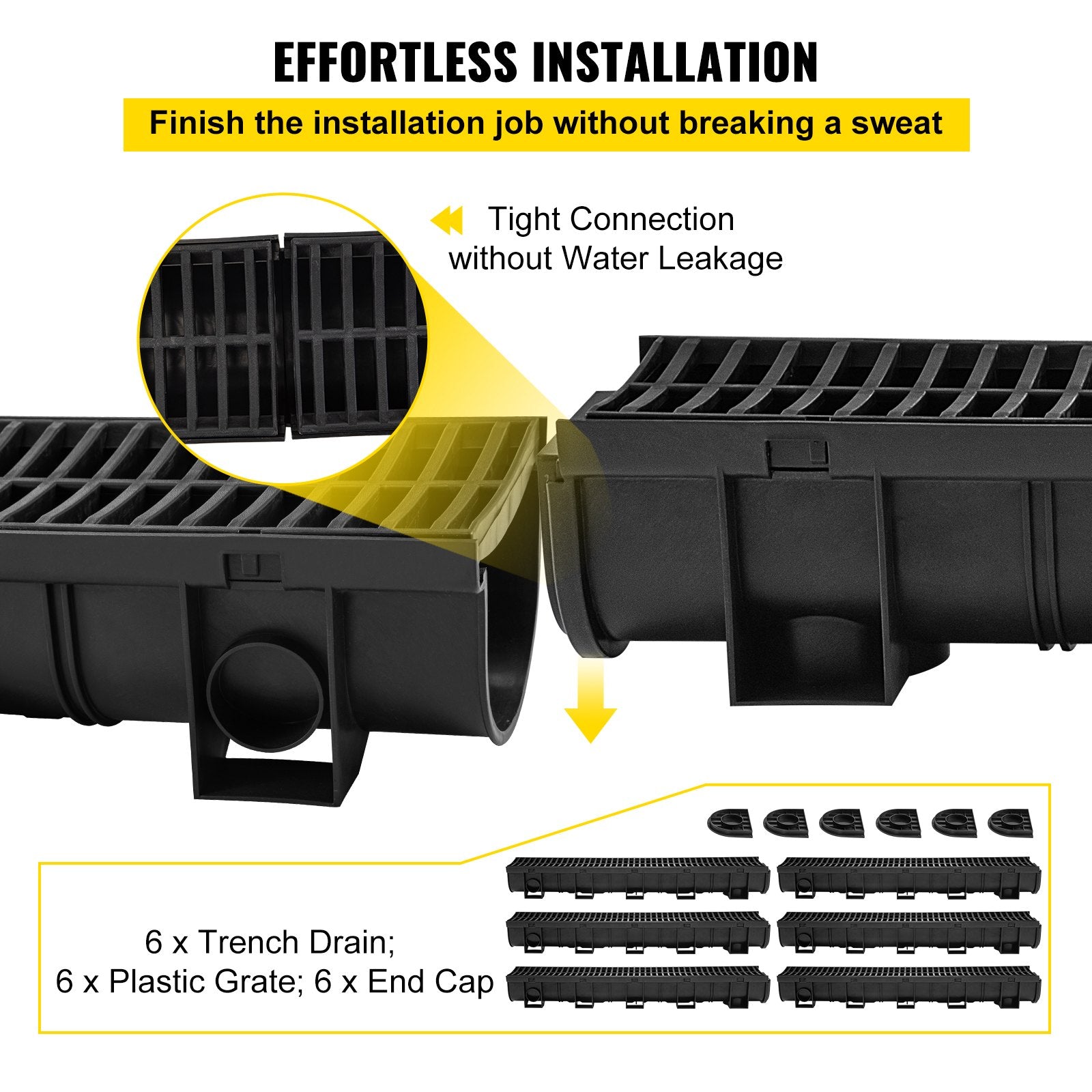 VEVOR Trench Drain System, Channel Drain with Plastic Grate, 5.8x5.2-Inch HDPE Drainage Trench, Black Plastic Garage Floor Drain, 6x39