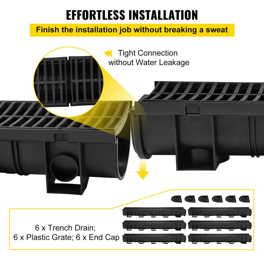 VEVOR Trench Drain System, Channel Drain with Plastic Grate, 5.8x5.2-Inch HDPE Drainage Trench, Black Plastic Garage Floor Drain, 6x39