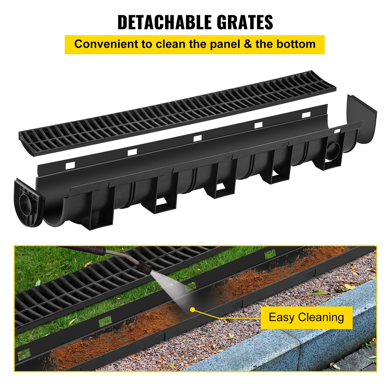VEVOR Trench Drain System, Channel Drain with Plastic Grate, 5.8x5.2-Inch HDPE Drainage Trench, Black Plastic Garage Floor Drain, 6x39