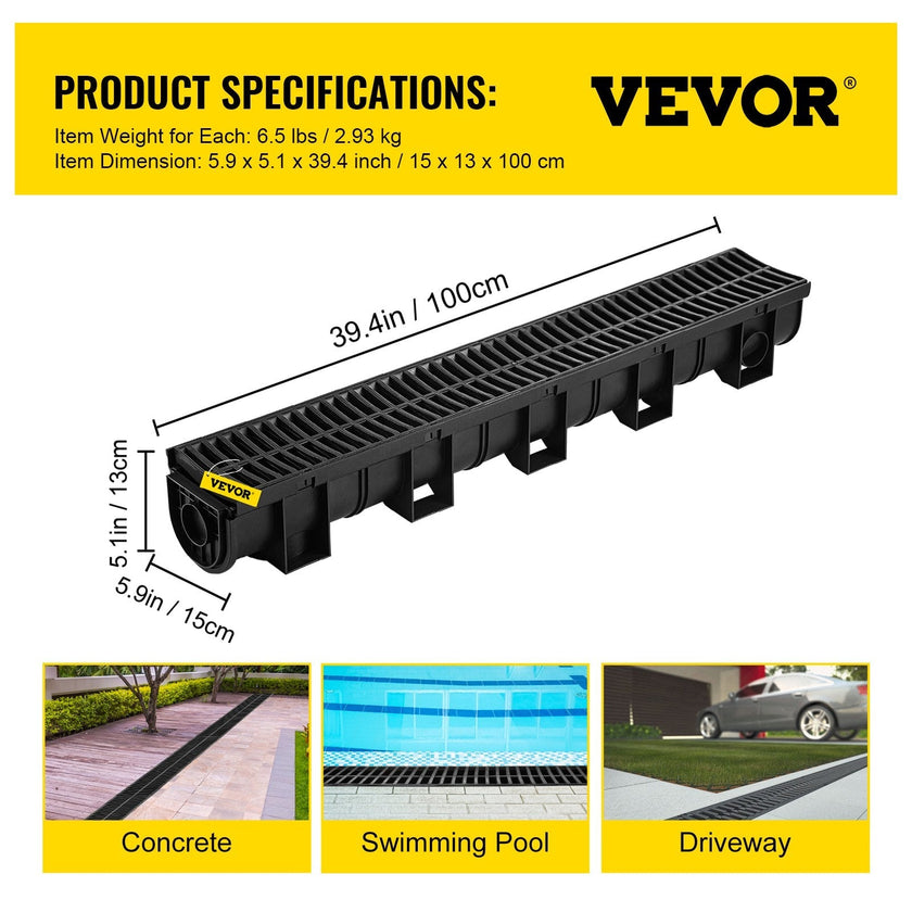 VEVOR Trench Drain System, Channel Drain with Plastic Grate, 5.8x5.2-Inch HDPE Drainage Trench, Black Plastic Garage Floor Drain, 6x39