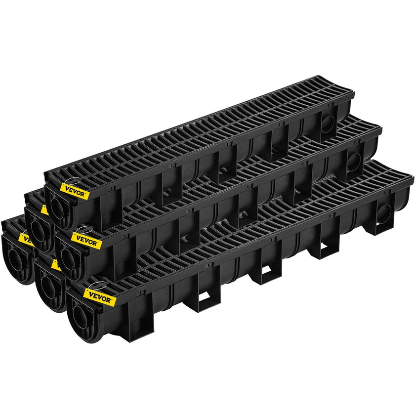 VEVOR Trench Drain System, Channel Drain with Plastic Grate, 5.8x5.2-Inch HDPE Drainage Trench, Black Plastic Garage Floor Drain, 6x39