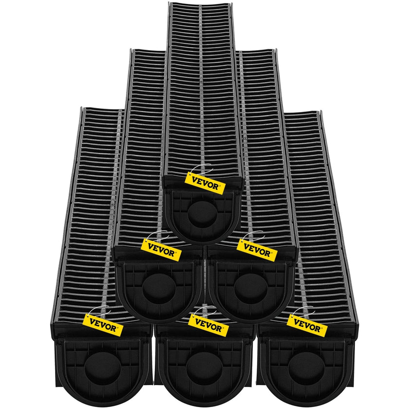VEVOR Trench Drain System, Channel Drain with Plastic Grate, 5.8x5.2-Inch HDPE Drainage Trench, Black Plastic Garage Floor Drain, 6x39