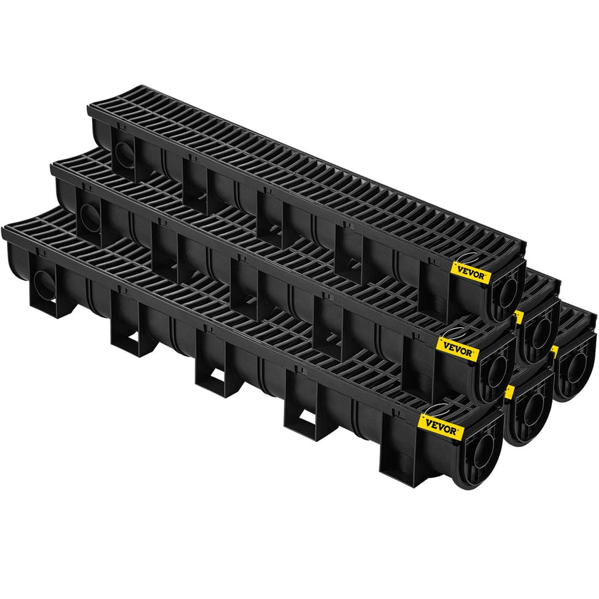VEVOR Trench Drain System, Channel Drain with Plastic Grate, 5.8x5.2-Inch HDPE Drainage Trench, Black Plastic Garage Floor Drain, 6x39