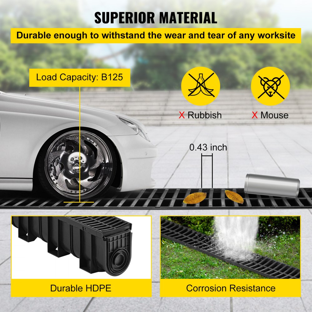 VEVOR Drainage Trench Driveway Channel Drain Kit Plastic Grate-5.8