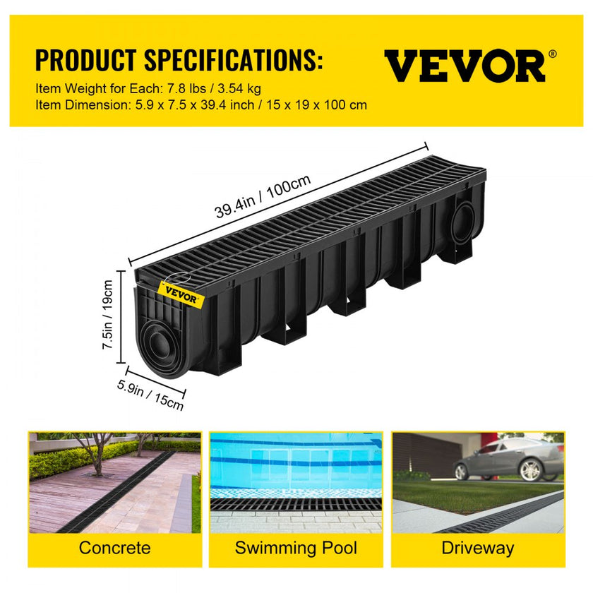 VEVOR Drainage Trench Driveway Channel Drain Kit Plastic Grate-5.8