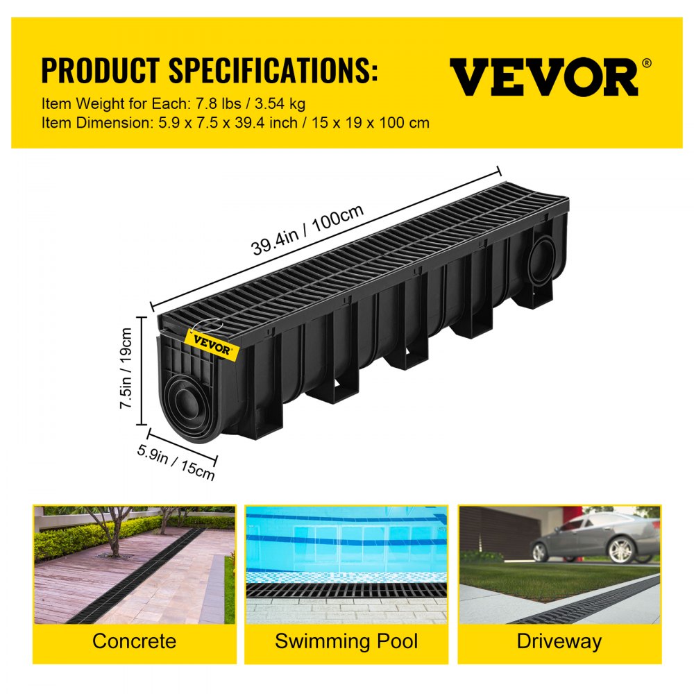 VEVOR Drainage Trench Driveway Channel Drain Kit Plastic Grate-5.8