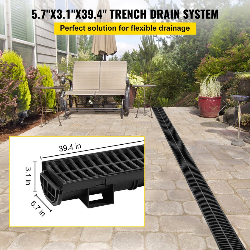 VEVOR Trench Drain System, Channel Drain with Plastic Grate, 5.8x3.1-Inch HDPE Drainage Trench, Black Plastic Garage Floor Drain, 5x39
