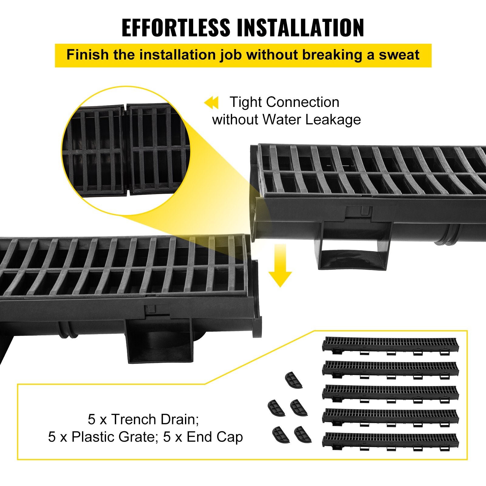 VEVOR Trench Drain System, Channel Drain with Plastic Grate, 5.8x3.1-Inch HDPE Drainage Trench, Black Plastic Garage Floor Drain, 5x39