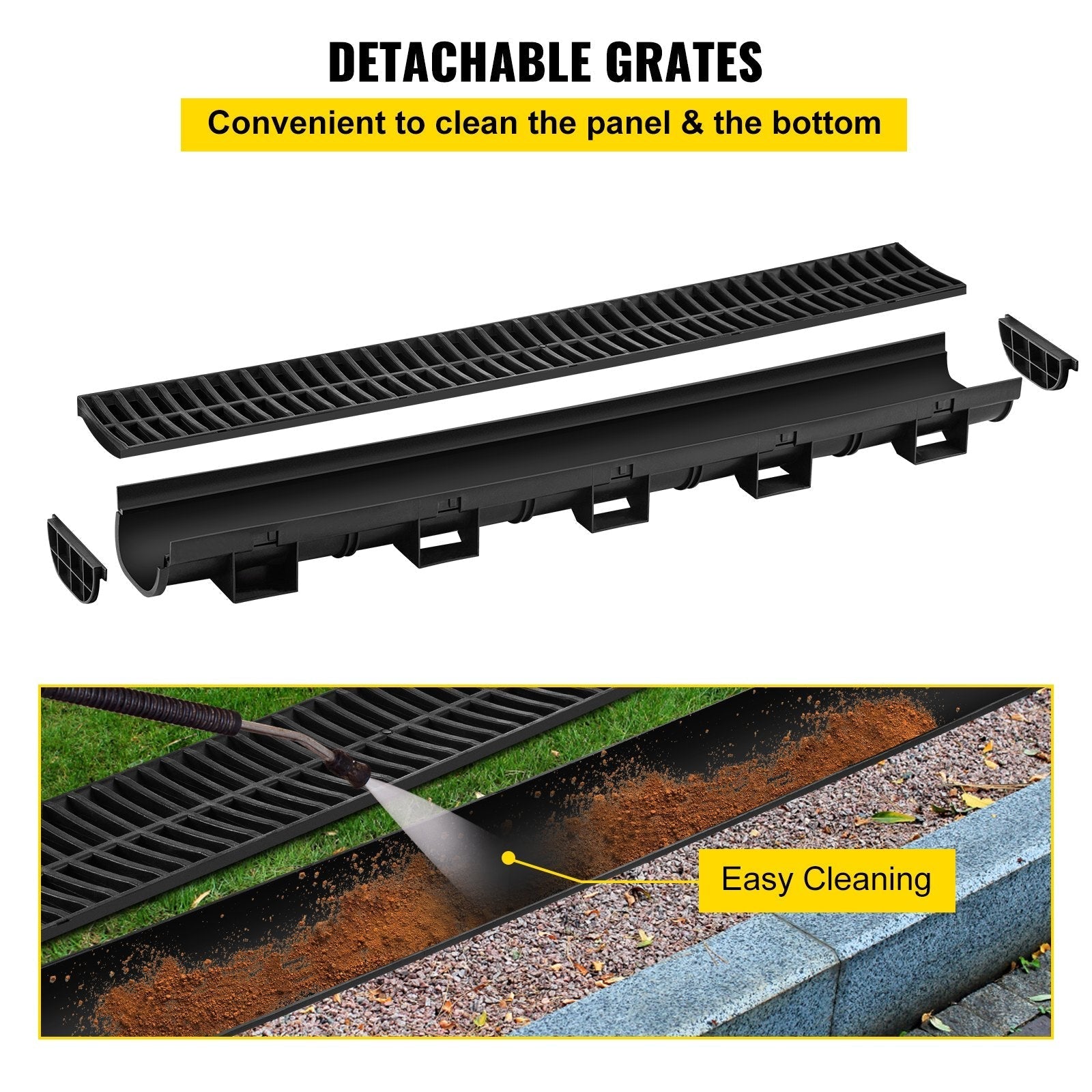 VEVOR Trench Drain System, Channel Drain with Plastic Grate, 5.8x3.1-Inch HDPE Drainage Trench, Black Plastic Garage Floor Drain, 5x39