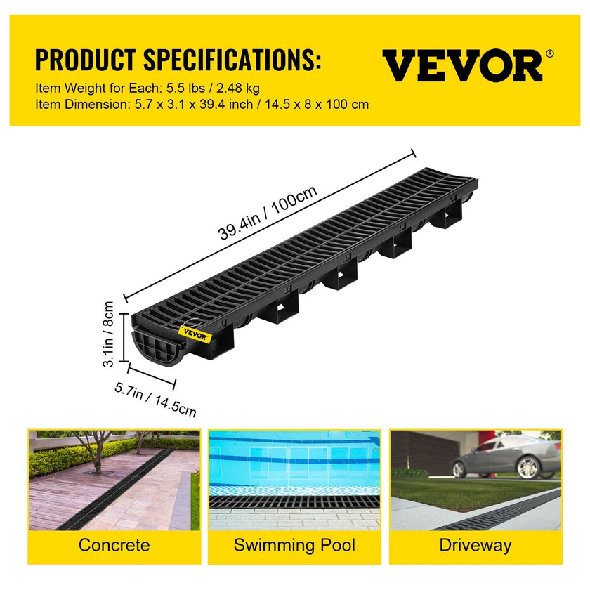VEVOR Trench Drain System, Channel Drain with Plastic Grate, 5.8x3.1-Inch HDPE Drainage Trench, Black Plastic Garage Floor Drain, 5x39