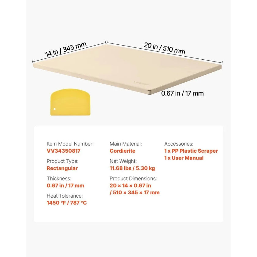 VEVOR Pizza Stone, 20 x 14 in Rectangular Cordierite Pizza Stone, Extra Large Baking-Stone with PP Scraper, 0.67 in Thick Heat-Resistant Cordierite, for Oven, Baking Bread & Pizzas, BBQ Grilling