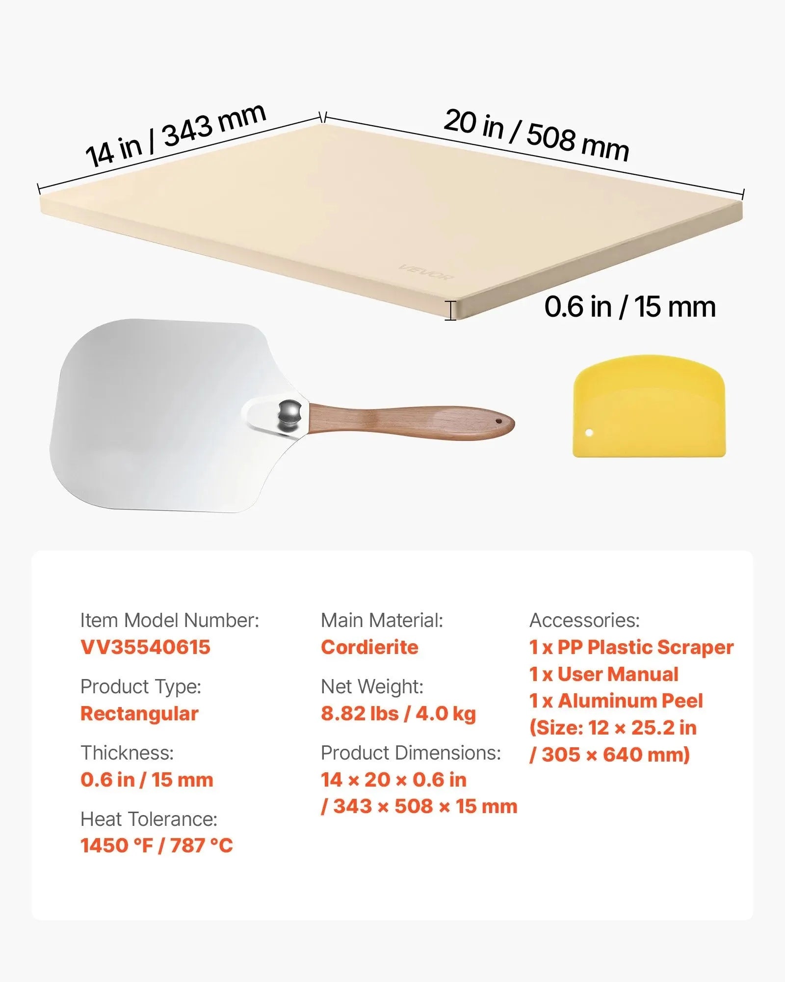 VEVOR Pizza Stone, 20 x 14 in Rectangular Cordierite Pizza Stone, Extra Large Baking-Stone with Aluminum Peel, 0.6 in Thick Heat-Resistant Cordierite, for Oven, Baking Bread & Pizzas, BBQ Grilling