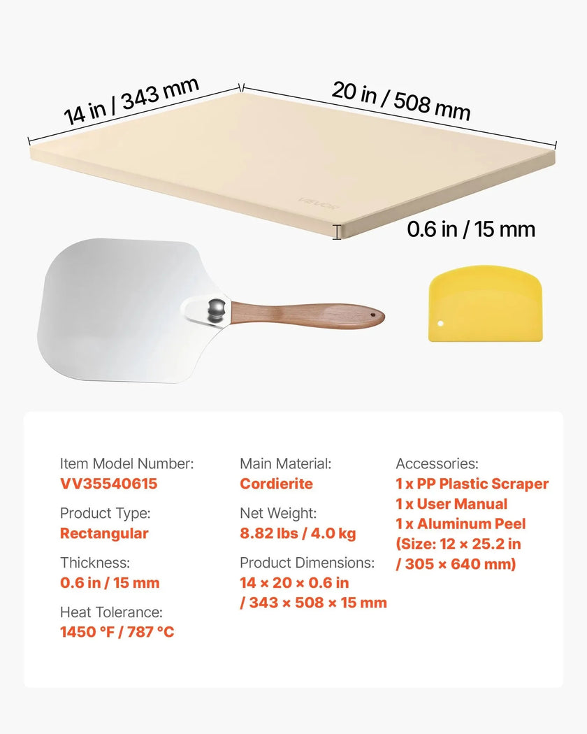 VEVOR Pizza Stone, 20 x 14 in Rectangular Cordierite Pizza Stone, Extra Large Baking-Stone with Aluminum Peel, 0.6 in Thick Heat-Resistant Cordierite, for Oven, Baking Bread & Pizzas, BBQ Grilling
