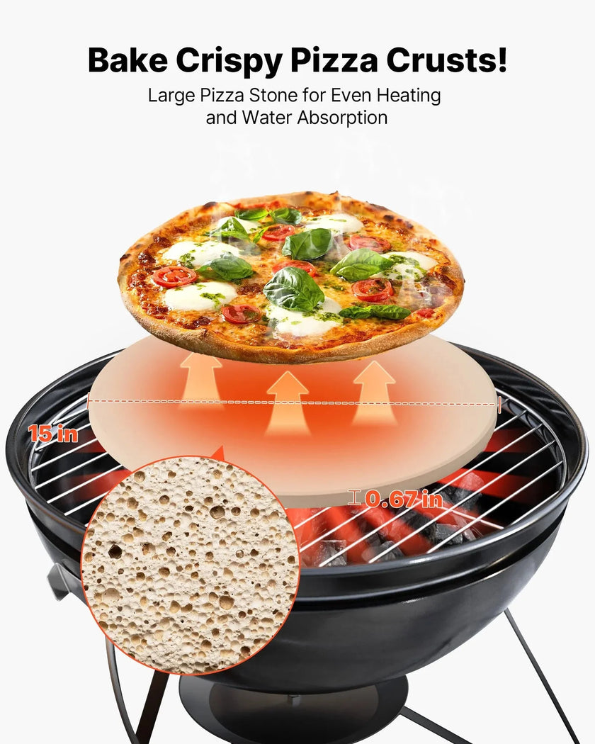 VEVOR Pizza Stone, 15 in Round Cordierite Pizza Stone, Extra Large Baking-Stone with Aluminum Peel, 0.67 in Thickness Heat-Resistant Cooking Cordierite, for Kitchen Oven, Baking Pizzas, BBQ Grilling