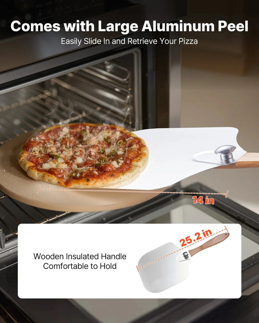 VEVOR Pizza Stone, 15 in Round Cordierite Pizza Stone, Extra Large Baking-Stone with Aluminum Peel, 0.67 in Thickness Heat-Resistant Cooking Cordierite, for Kitchen Oven, Baking Pizzas, BBQ Grilling