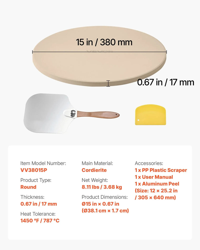 VEVOR Pizza Stone, 15 in Round Cordierite Pizza Stone, Extra Large Baking-Stone with Aluminum Peel, 0.67 in Thickness Heat-Resistant Cooking Cordierite, for Kitchen Oven, Baking Pizzas, BBQ Grilling