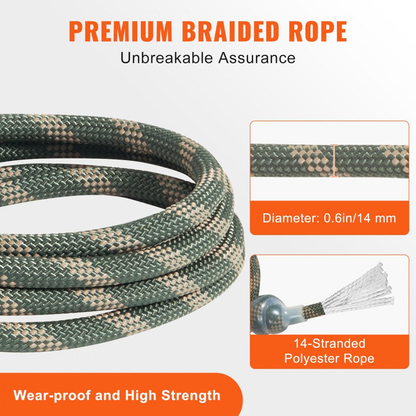 VEVOR Tree Stand Safety Rope, 9 ft/27.43M Treestand Lifeline Rope 30KN Breaking Tension, 0.6'' Hunting Safety Line with Prusik Knot, 2pcs Carabiner and Silencer, for Treestrap and Climbing