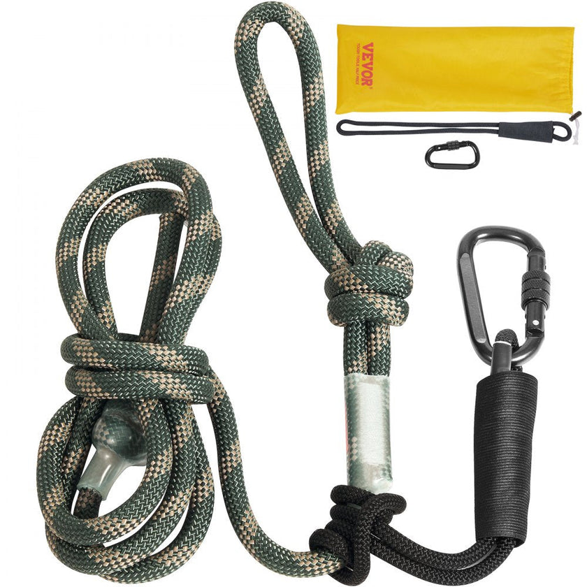 VEVOR Tree Stand Safety Rope, 9 ft/27.43M Treestand Lifeline Rope 30KN Breaking Tension, 0.6'' Hunting Safety Line with Prusik Knot, 2pcs Carabiner and Silencer, for Treestrap and Climbing