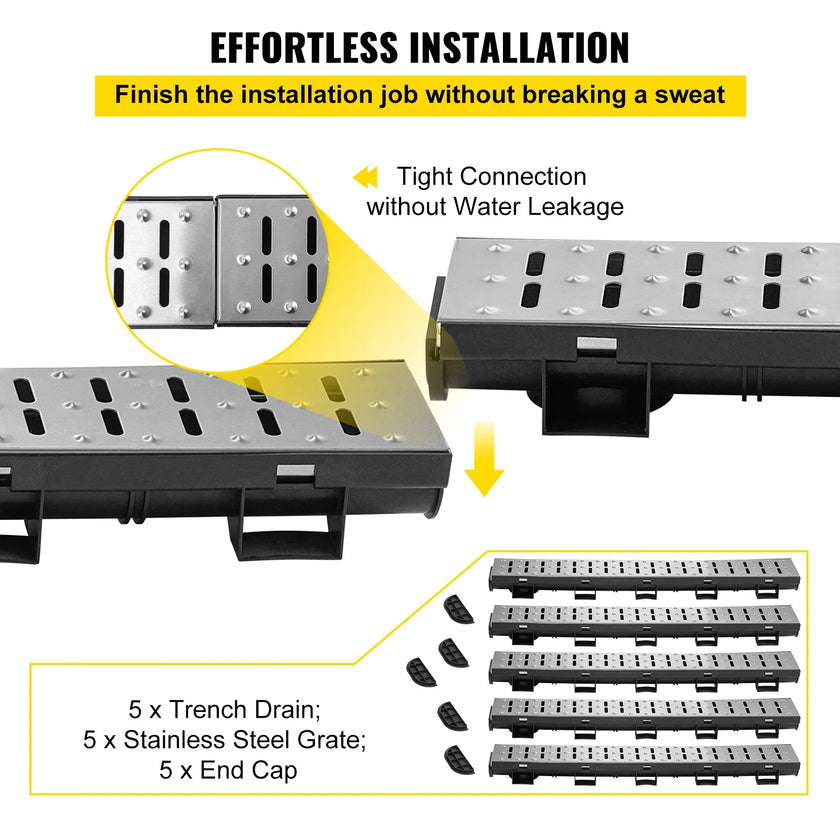 VEVOR Trench Drain System, Channel Drain with Metal Grate, 5.8x3.1-Inch HDPE Drainage Trench, Black Plastic Garage Floor Drain, 5x39