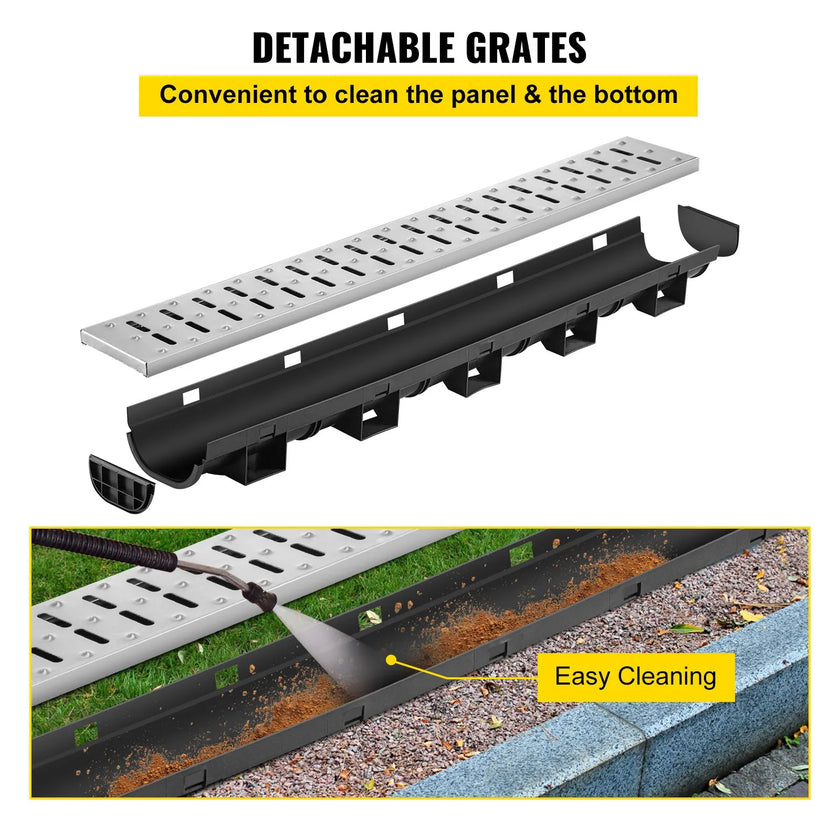 VEVOR Trench Drain System, Channel Drain with Metal Grate, 5.8x3.1-Inch HDPE Drainage Trench, Black Plastic Garage Floor Drain, 5x39