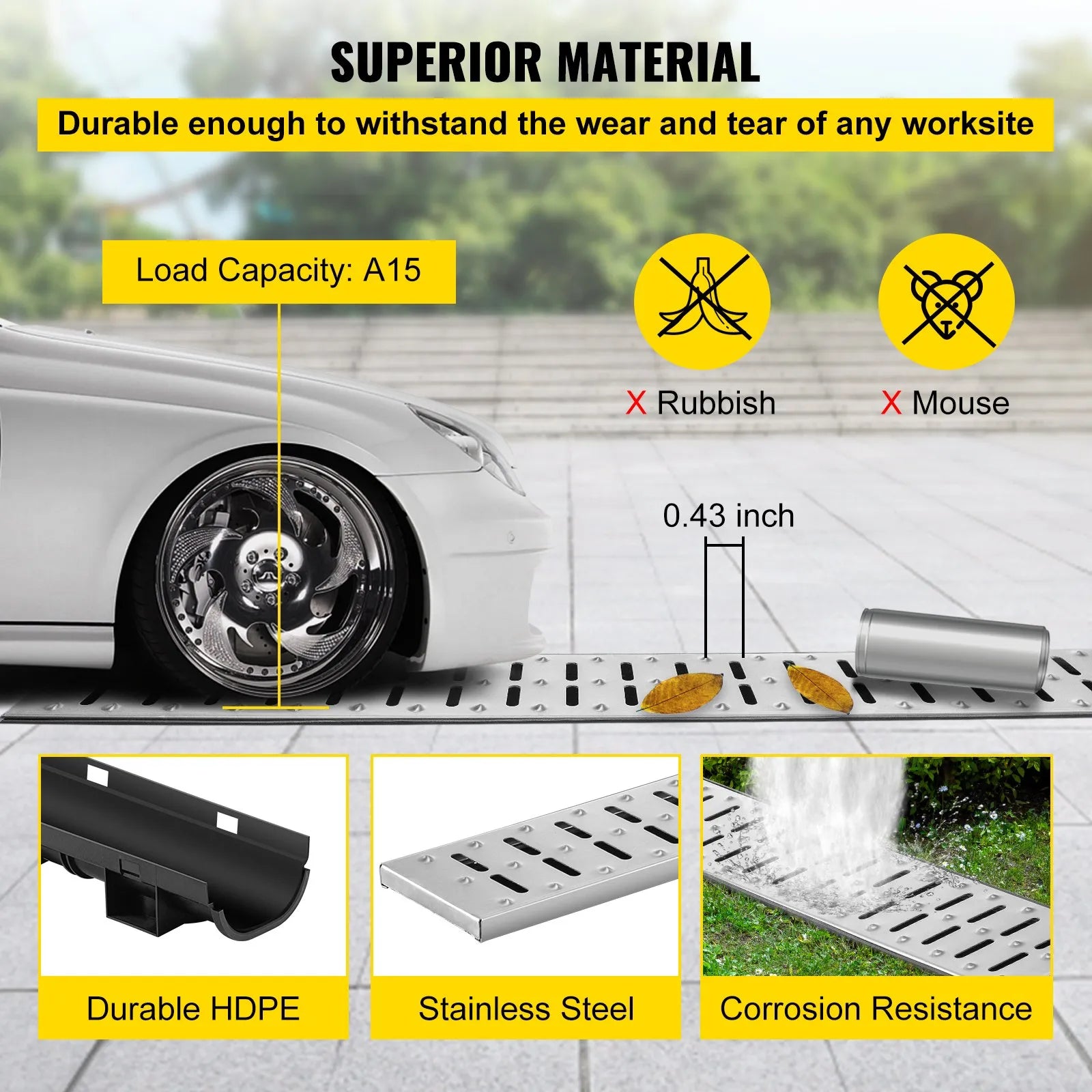 VEVOR Trench Drain System, Channel Drain with Metal Grate, 5.8x3.1-Inch HDPE Drainage Trench, Black Plastic Garage Floor Drain, 5x39