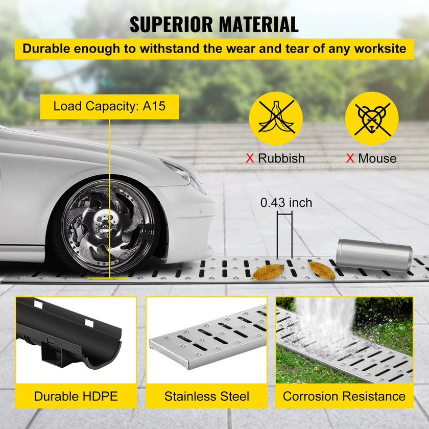 VEVOR Trench Drain System, Channel Drain with Metal Grate, 5.8x3.1-Inch HDPE Drainage Trench, Black Plastic Garage Floor Drain, 5x39