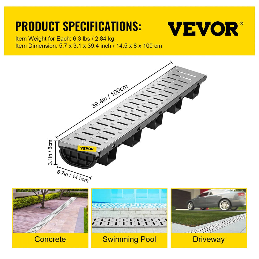 VEVOR Trench Drain System, Channel Drain with Metal Grate, 5.8x3.1-Inch HDPE Drainage Trench, Black Plastic Garage Floor Drain, 5x39