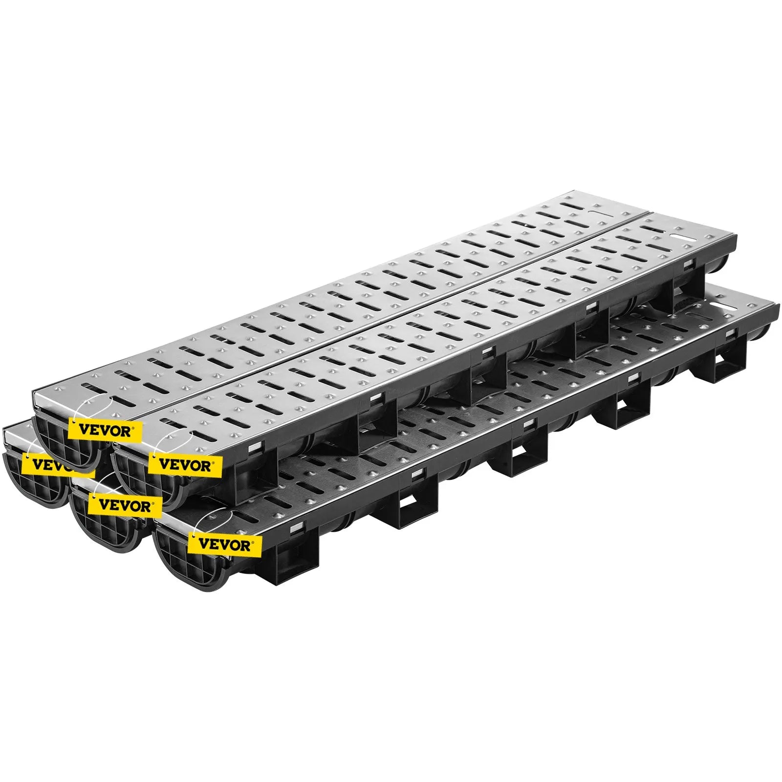 VEVOR Trench Drain System, Channel Drain with Metal Grate, 5.8x3.1-Inch HDPE Drainage Trench, Black Plastic Garage Floor Drain, 5x39
