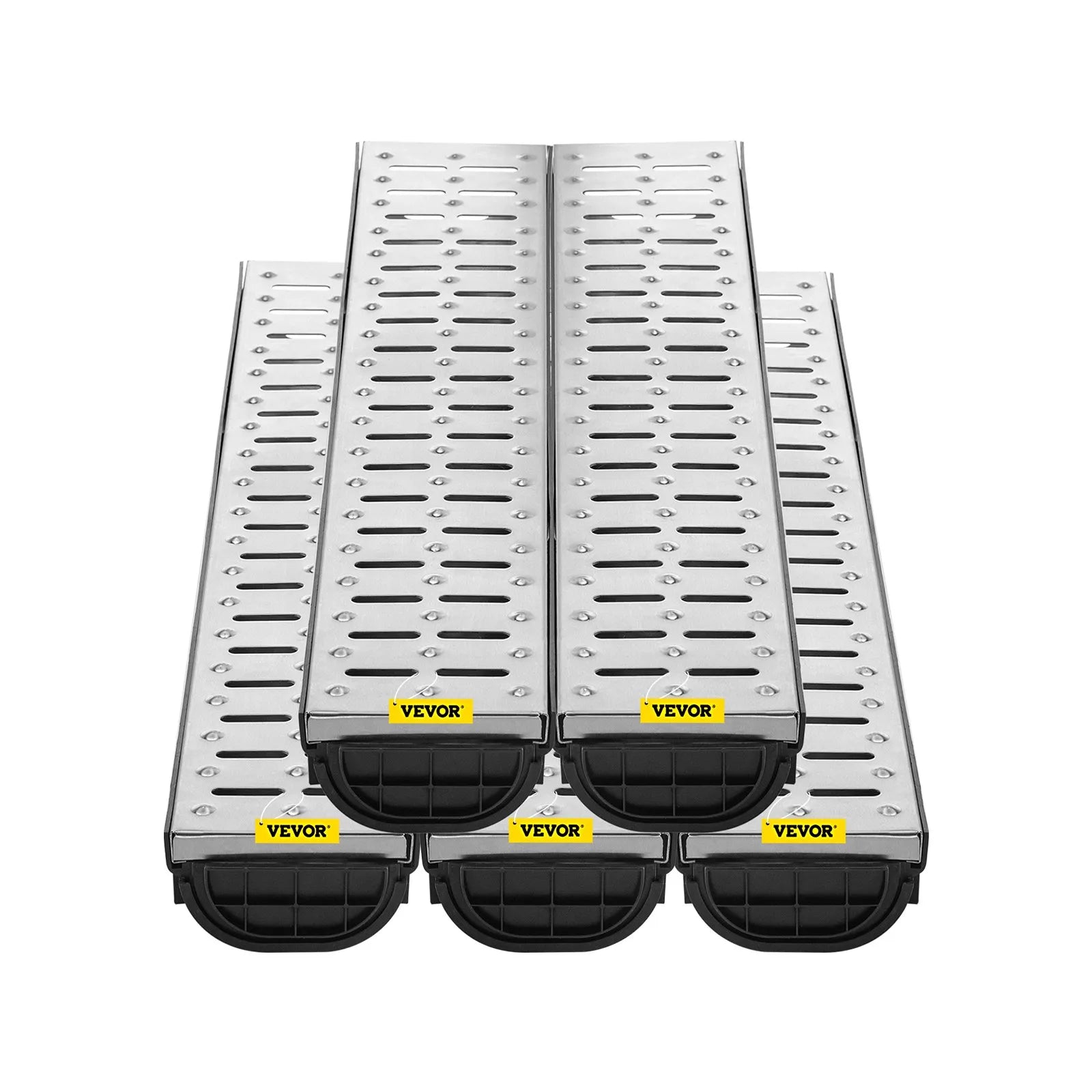 VEVOR Trench Drain System, Channel Drain with Metal Grate, 5.8x3.1-Inch HDPE Drainage Trench, Black Plastic Garage Floor Drain, 5x39