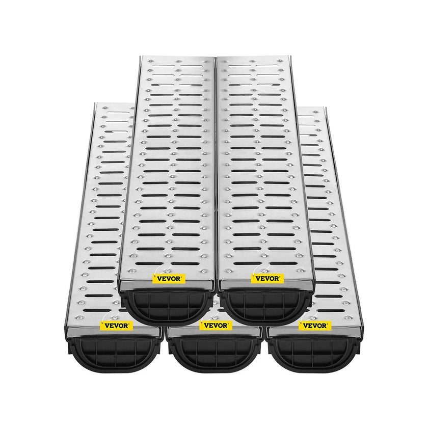 VEVOR Trench Drain System, Channel Drain with Metal Grate, 5.8x3.1-Inch HDPE Drainage Trench, Black Plastic Garage Floor Drain, 5x39