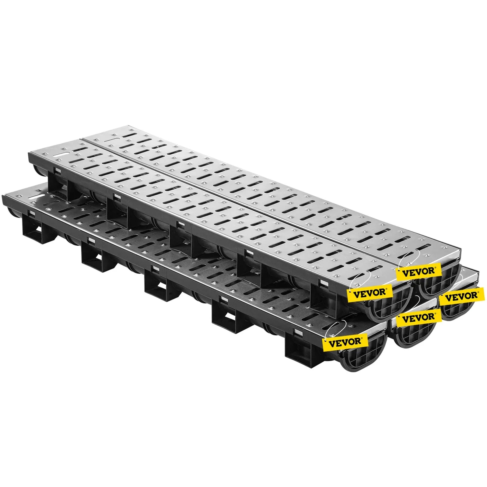 VEVOR Trench Drain System, Channel Drain with Metal Grate, 5.8x3.1-Inch HDPE Drainage Trench, Black Plastic Garage Floor Drain, 5x39
