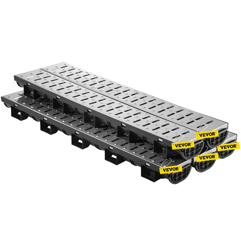 VEVOR Trench Drain System, Channel Drain with Metal Grate, 5.8x3.1-Inch HDPE Drainage Trench, Black Plastic Garage Floor Drain, 5x39