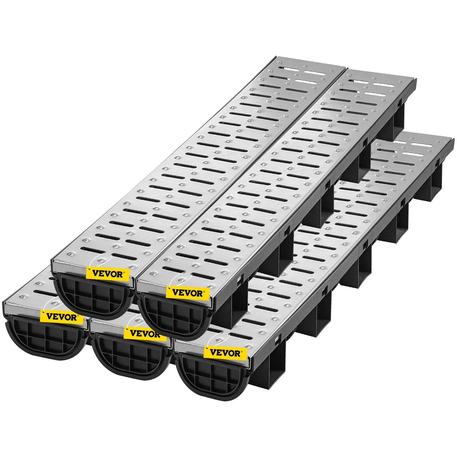 VEVOR Trench Drain System, Channel Drain with Metal Grate, 5.8x3.1-Inch HDPE Drainage Trench, Black Plastic Garage Floor Drain, 5x39