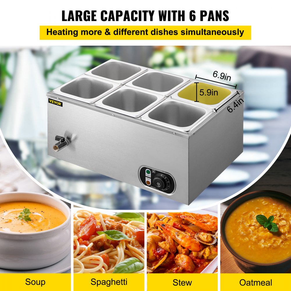 VEVOR 110V Commercial Food Warmer 6x1/6GN, 6-Pan Stainless Steel Bain Marie 12.6 Qt Capacity,1500W Steam Table 15cm/6inch Deep,Temp. Control 86-185, Electric Soup Warmer w/Lids & 2 Ladles