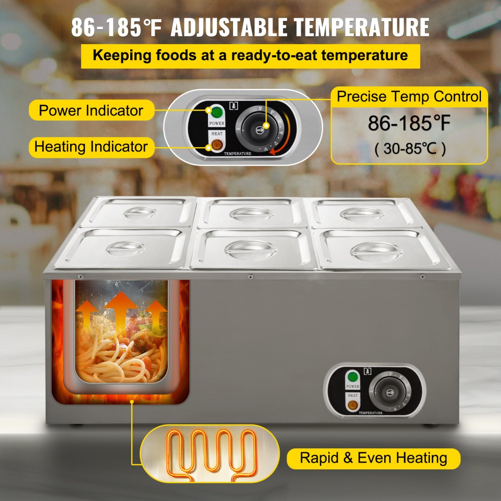 VEVOR 110V Commercial Food Warmer 6x1/6GN, 6-Pan Stainless Steel Bain Marie 12.6 Qt Capacity,1500W Steam Table 15cm/6inch Deep,Temp. Control 86-185, Electric Soup Warmer w/Lids & 2 Ladles