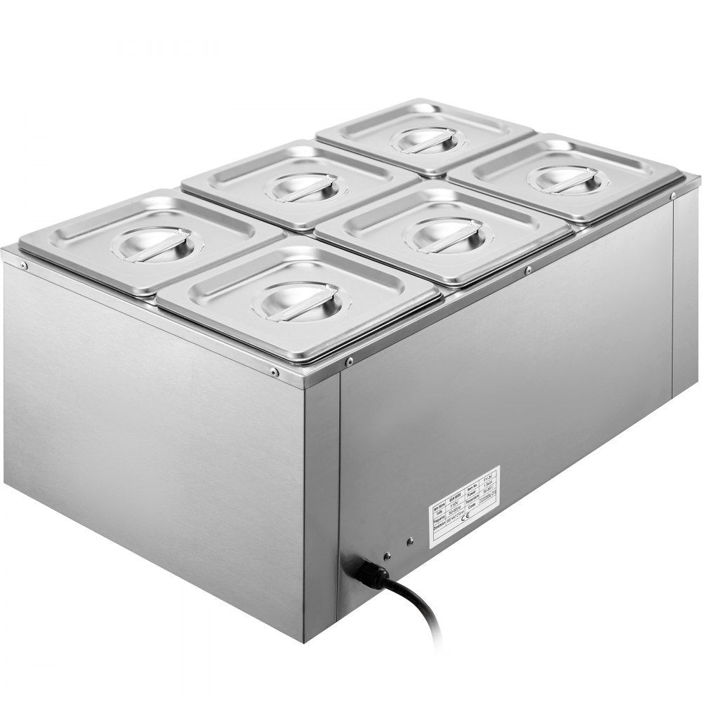 VEVOR 110V Commercial Food Warmer 6x1/6GN, 6-Pan Stainless Steel Bain Marie 12.6 Qt Capacity,1500W Steam Table 15cm/6inch Deep,Temp. Control 86-185, Electric Soup Warmer w/Lids & 2 Ladles