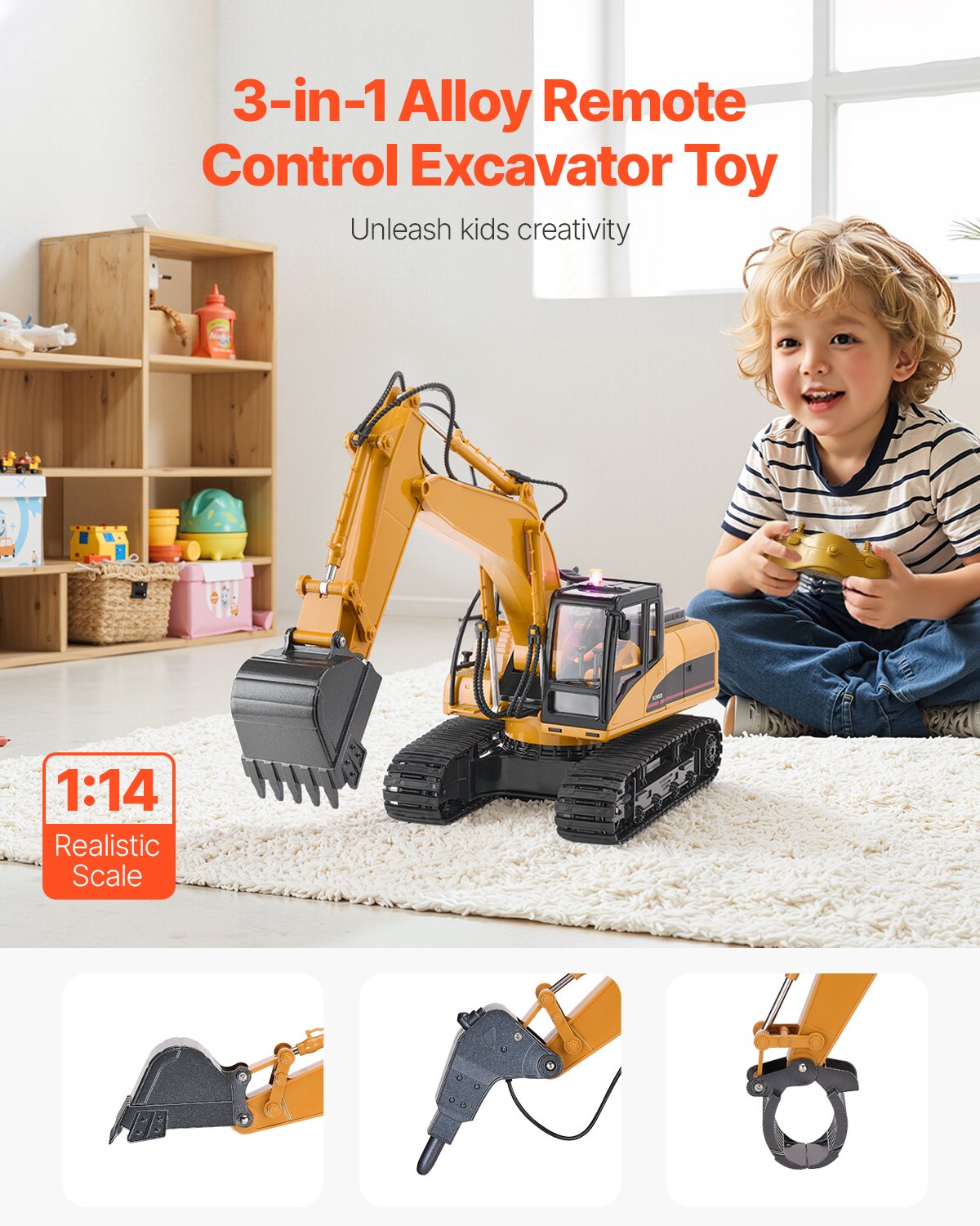 VEVOR Remote Control Excavator Toy 15 Channel 1:14 Scale RC Excavator Digger