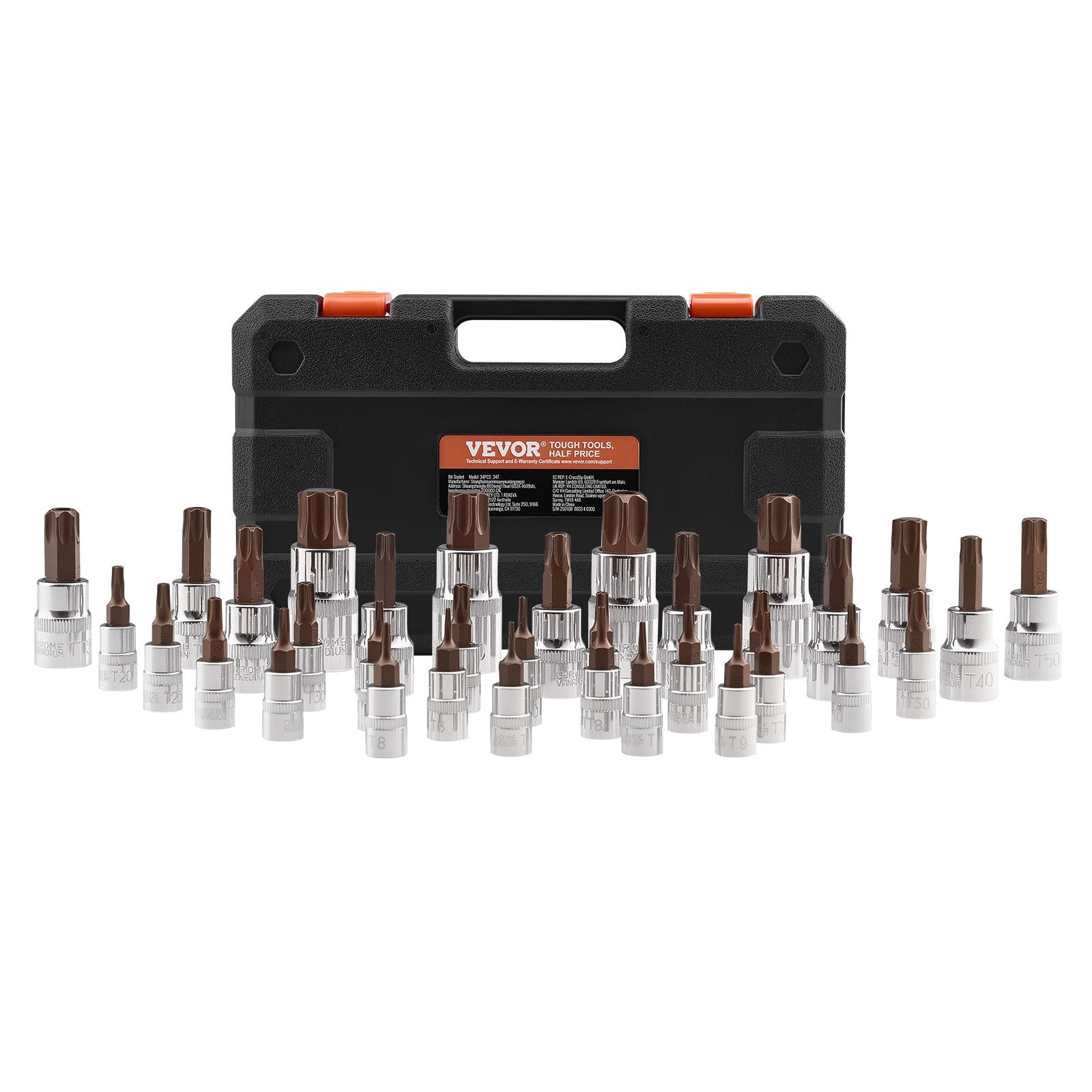 Torx Bit Socket Set 34-Piece Solid Star and Tamper Proof T6-T70 S2 Alloy Steel